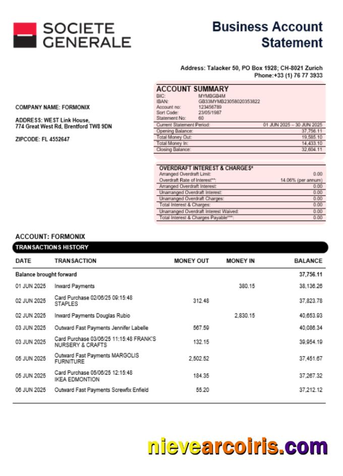 Société Générale business account statement